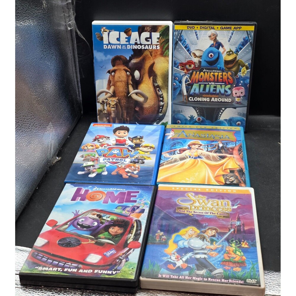 6 DVD Movie Lot: Ice Age, Monsters vs Aliens, Paw Patrol, Anastasia, Home